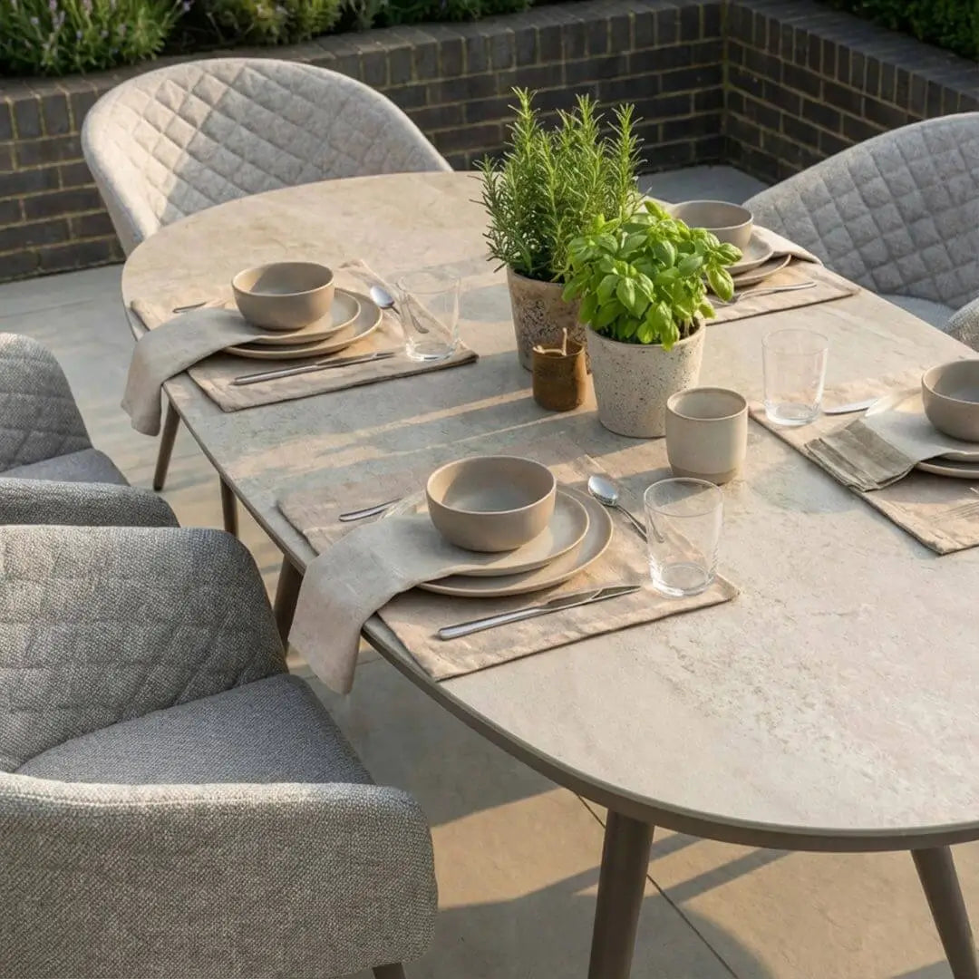 Aluminium and Latte Fabric 6 Seat Oval Dining Set #colour_latte