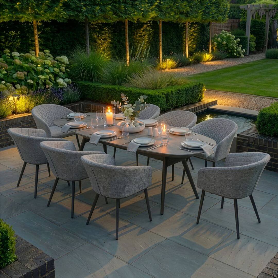 Aluminium and Latte Fabric 8 Seat Oval Dining Set #colour_latte