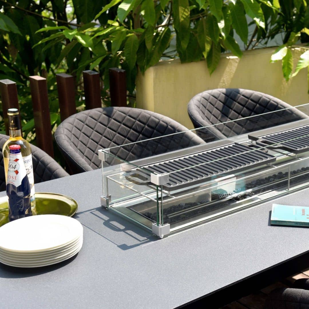 Charcoal Fabric and Aluminium 8 Seat Rectangular Fire Pit Dining Set #colour_charcoal