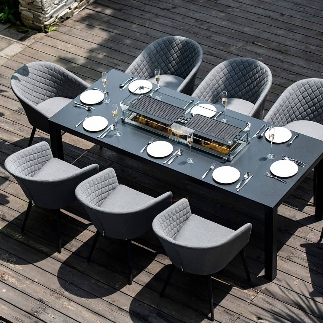 Grey Fabric and Aluminium 8 Seat Rectangular Fire Pit Dining Set #colour_flanelle
