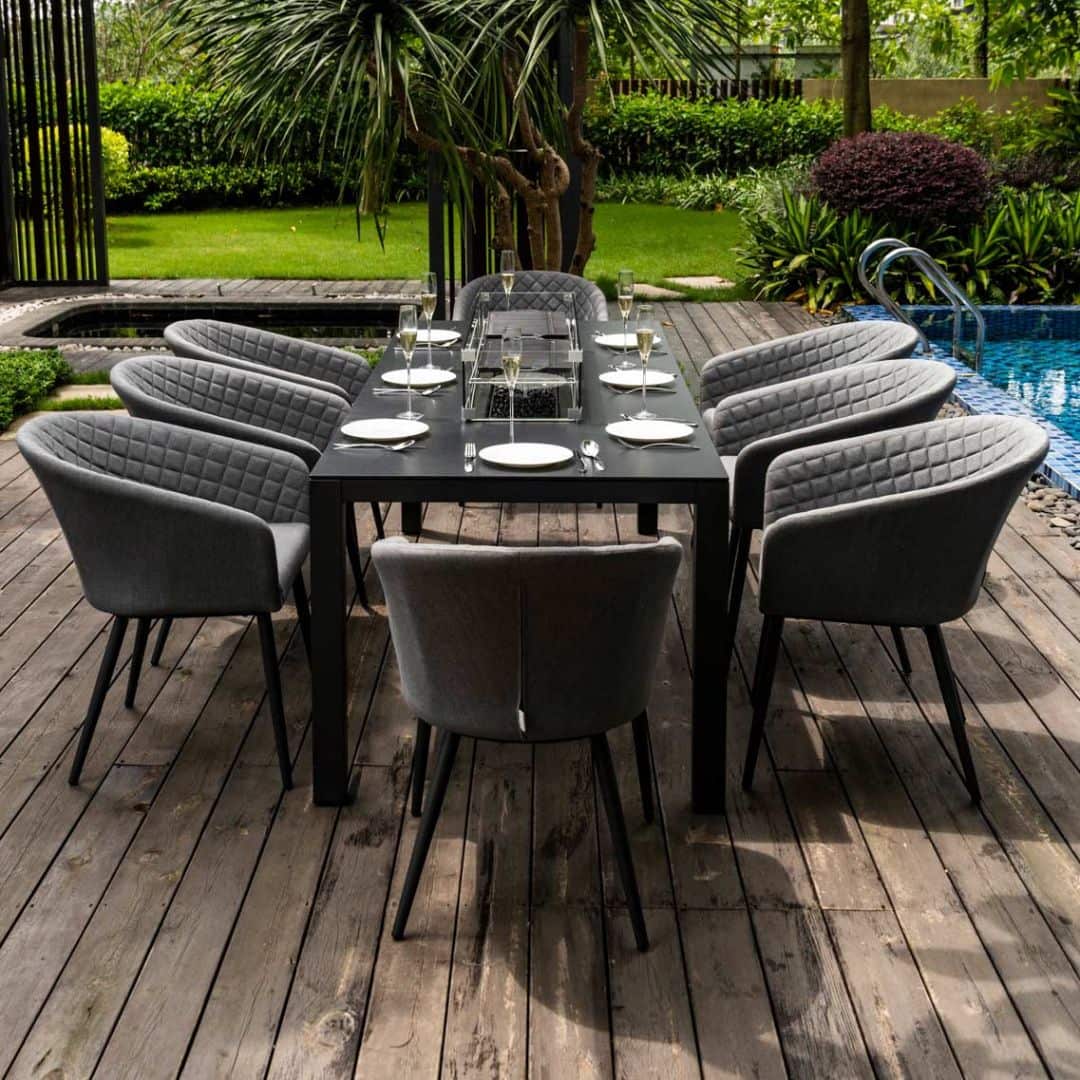 Grey Fabric and Aluminium 8 Seat Rectangular Fire Pit Dining Set #colour_flanelle