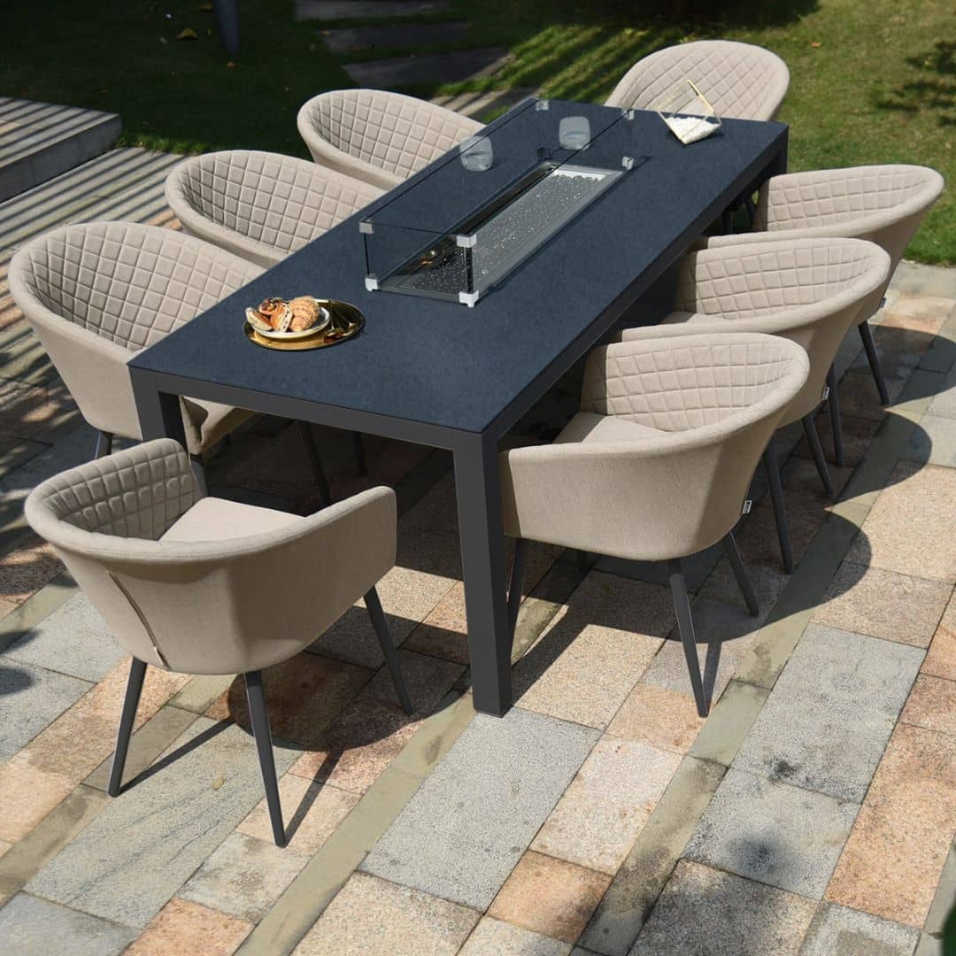 Beige Oatmeal Fabric and Aluminium 8 Seat Rectangular Fire Pit Dining Set #colour_oatmeal