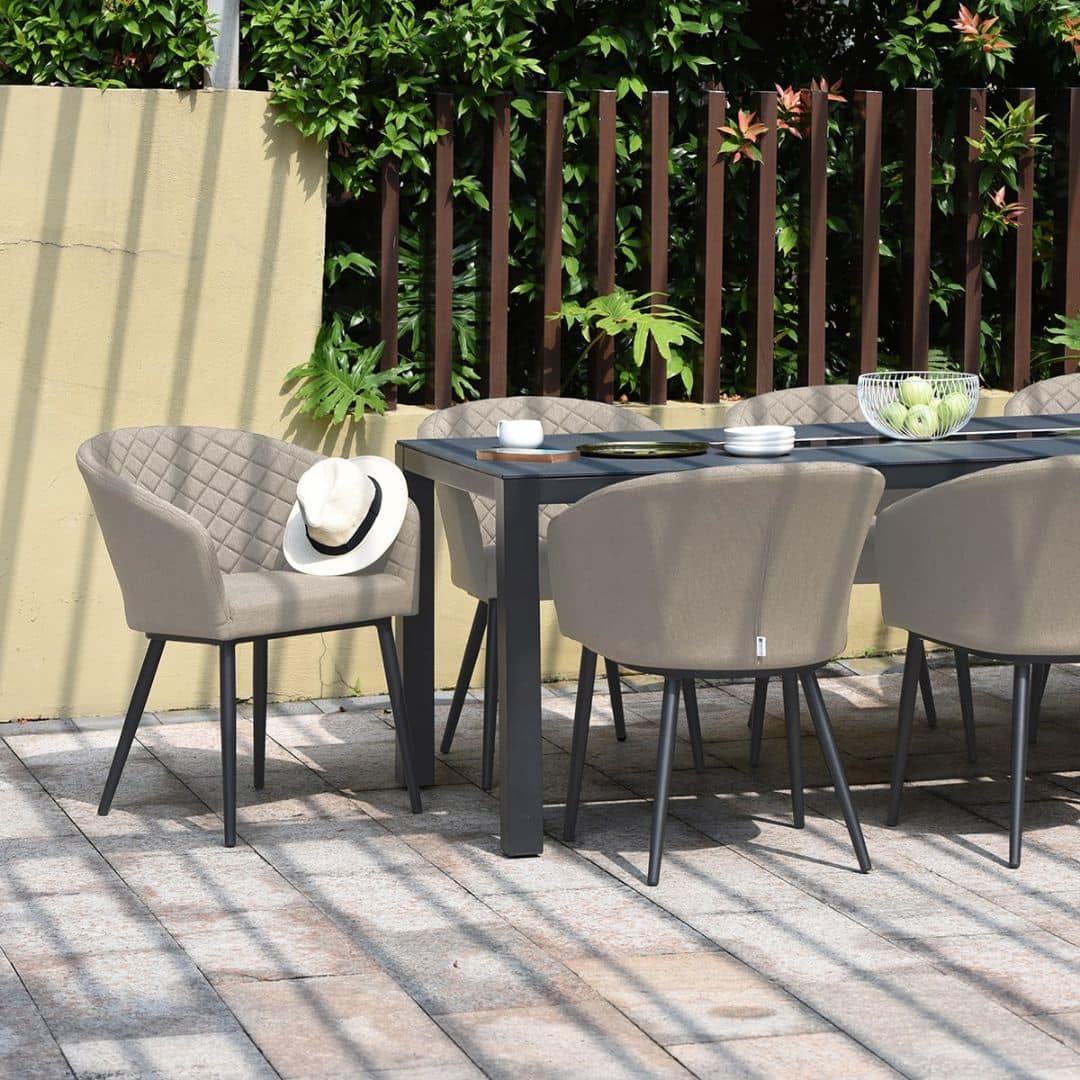 Beige Oatmeal Fabric and Aluminium 8 Seat Rectangular Fire Pit Dining Set #colour_oatmeal