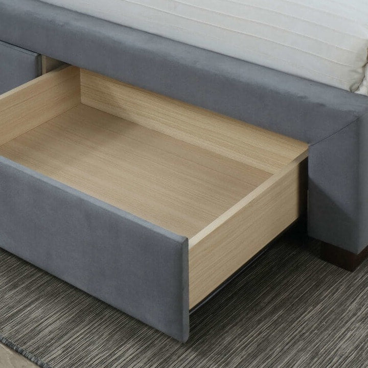 Close up of a grey fabric bed drawer. 
