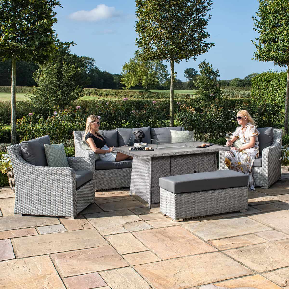 Rattan Grey 3 Seat Rattan Sofa Dining Set - With Fire Pit Table