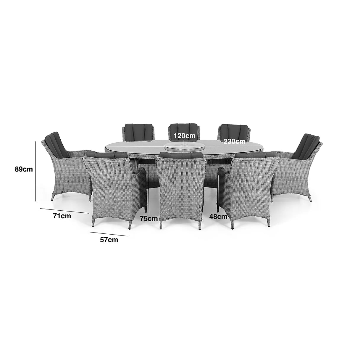 Grey Rattan 8 Seat Oval Dining Set with Lazy Susan Measurements/Footprint