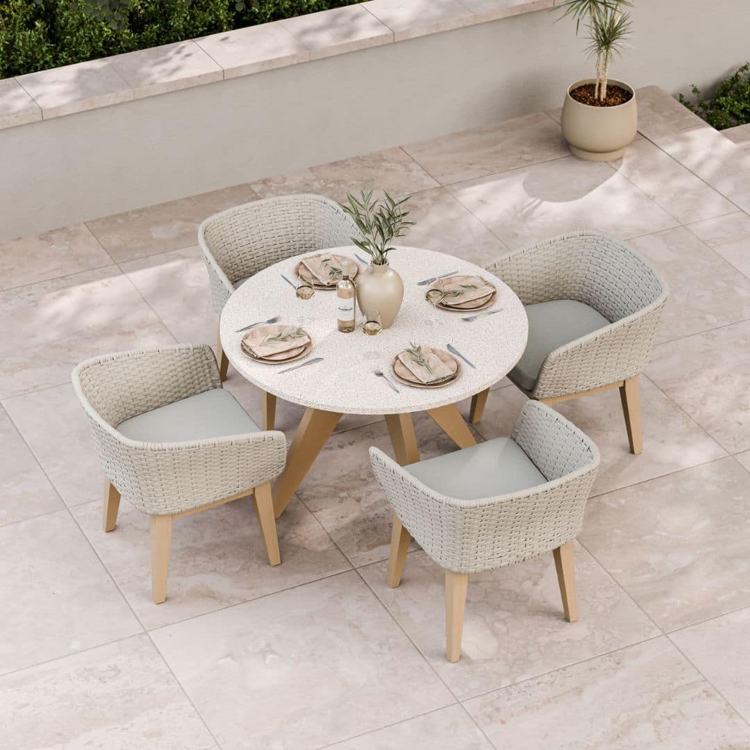 4 Seat Round Dining Set with Acacia Hardwood Frame, White Terrazzo Concrete Table Top and Synthetic Rope Weave Dining Chairs