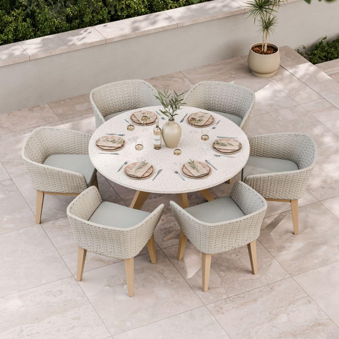 6 Seat Round Dining Set with Acacia Hardwood Frame, White Terrazzo Concrete Table Top and Synthetic Rope Weave Dining Chairs