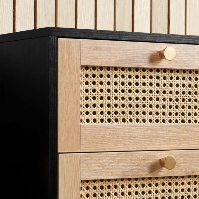 Close up of a rattan drawer front.