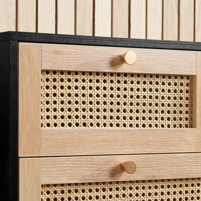 Close up of rattan drawer fronts.
