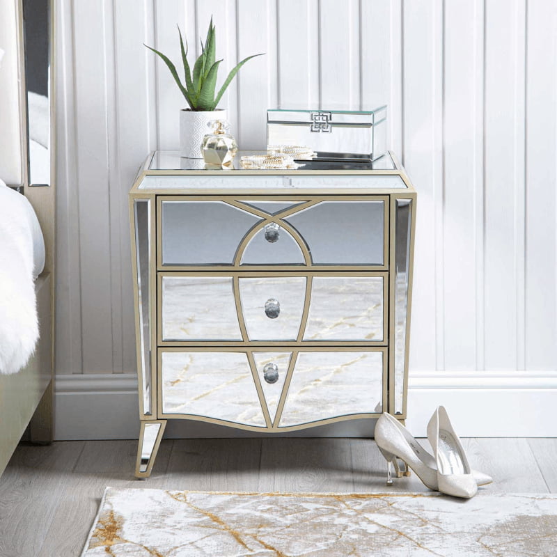 Champagne 3 drawer mirrored bedside table