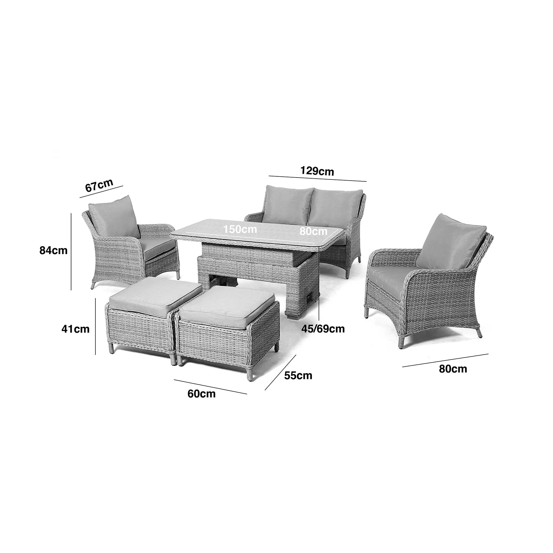 Grey/Taupe Rattan 2 Seat Sofa Dining Set with Rising Table Measurements/Footprint