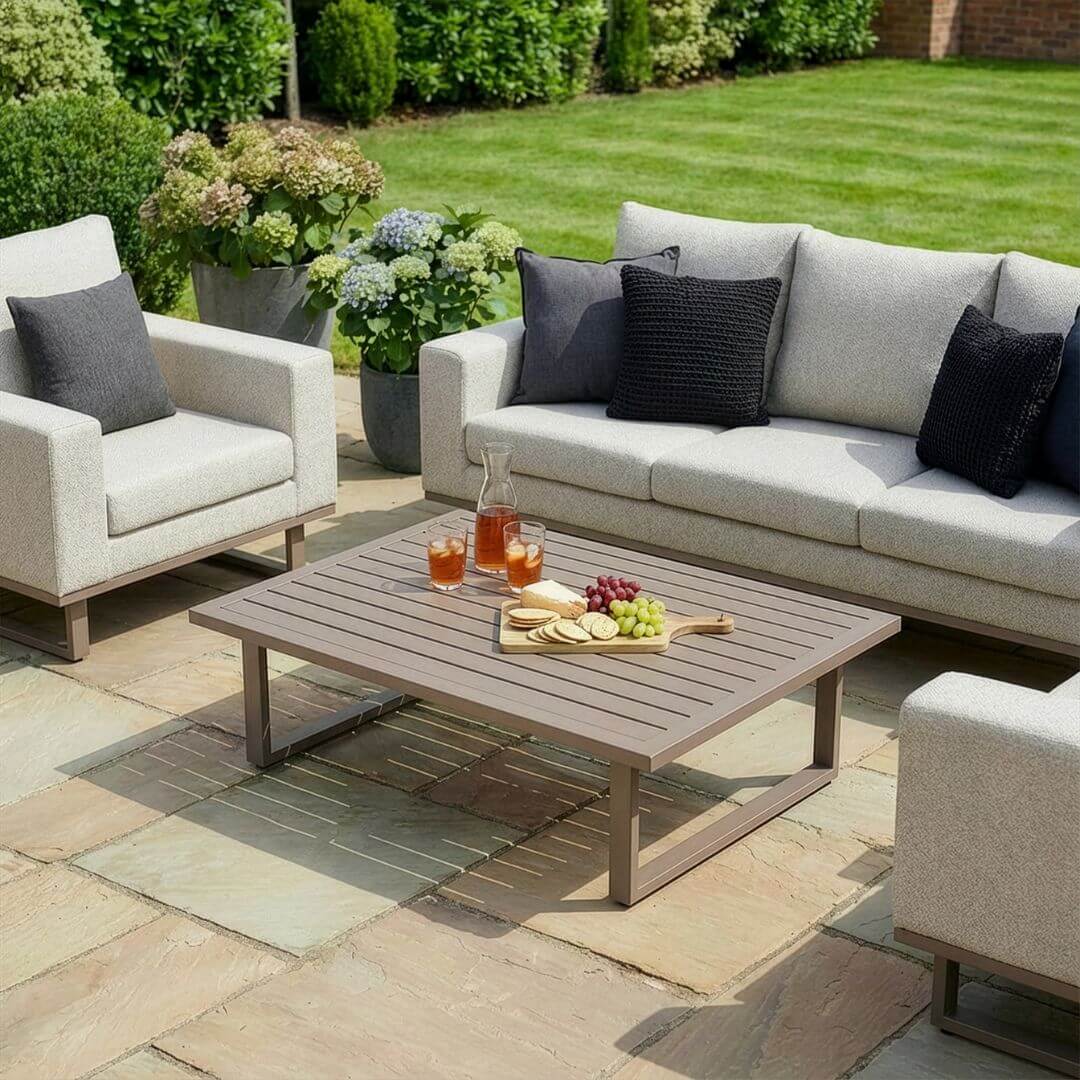 Latte Outdoor Fabric 3 Seat Sofa Set with Slatted Aluminium Coffee Table #colour_latte