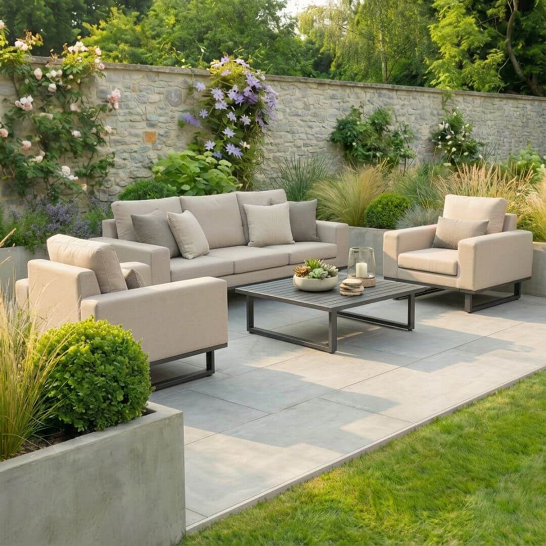 Beige Oatmeal Outdoor Fabric 3 Seat Sofa Set with Slatted Aluminium Coffee Table #colour_oatmeal