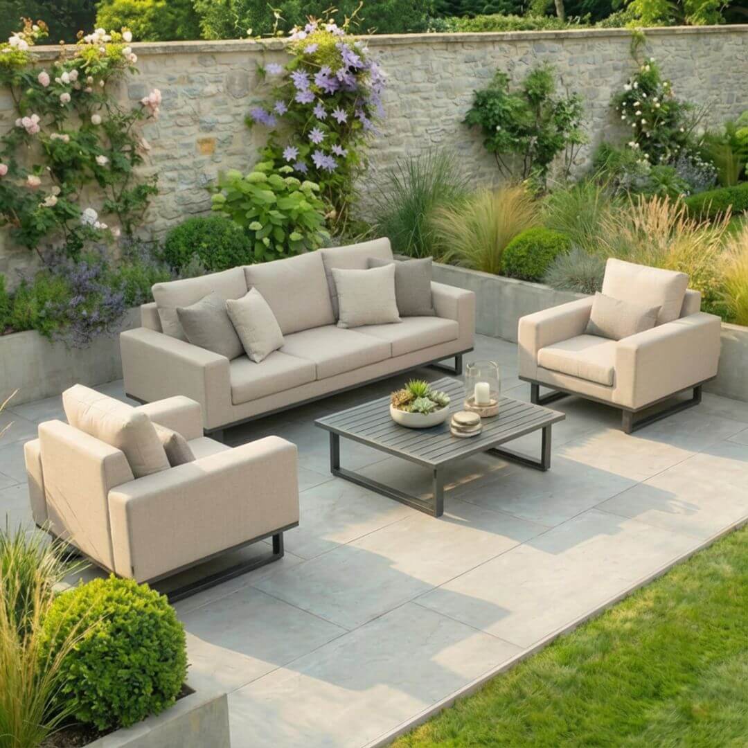 Beige Oatmeal Outdoor Fabric 3 Seat Sofa Set with Slatted Aluminium Coffee Table #colour_oatmeal