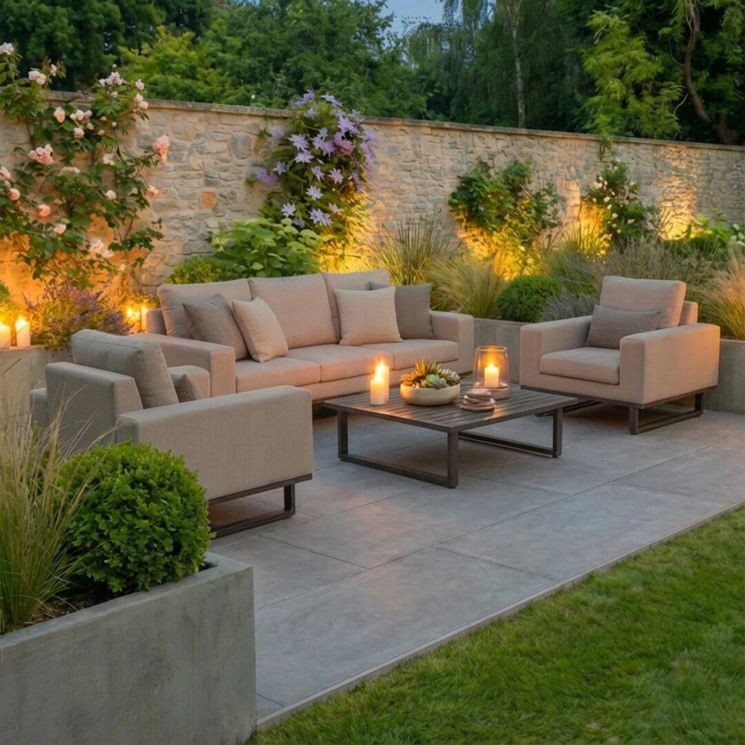 Beige Oatmeal Outdoor Fabric 3 Seat Sofa Set with Slatted Aluminium Coffee Table #colour_oatmeal