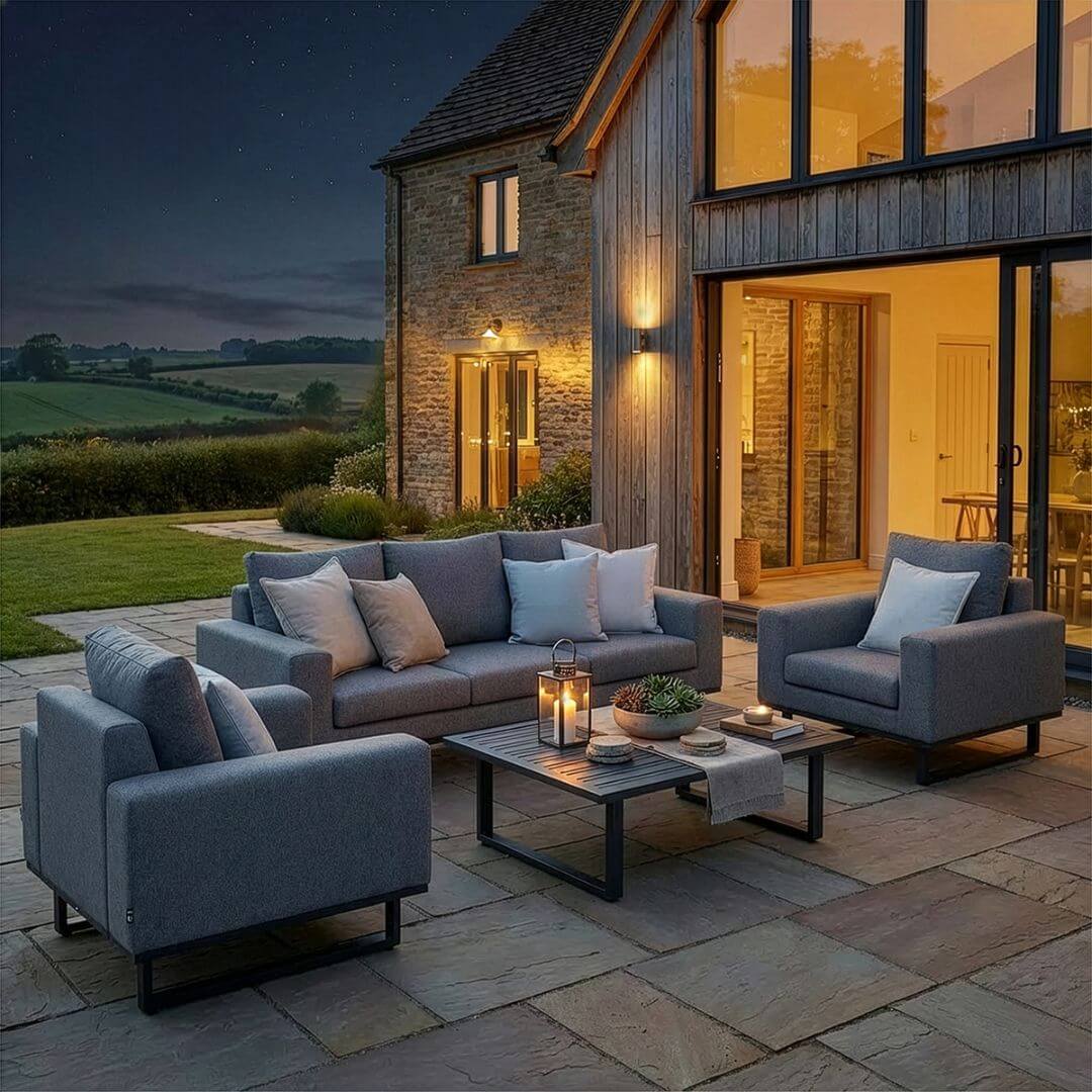 Zinc Grey Outdoor Fabric 3 Seat Sofa Set with Slatted Aluminium Coffee Table #colour_zinc grey