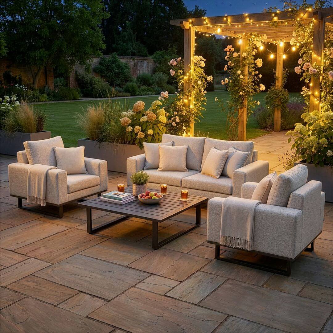 Latte Outdoor Fabric 2 Seat Sofa Set with Slatted Aluminium Coffee Table #colour_latte