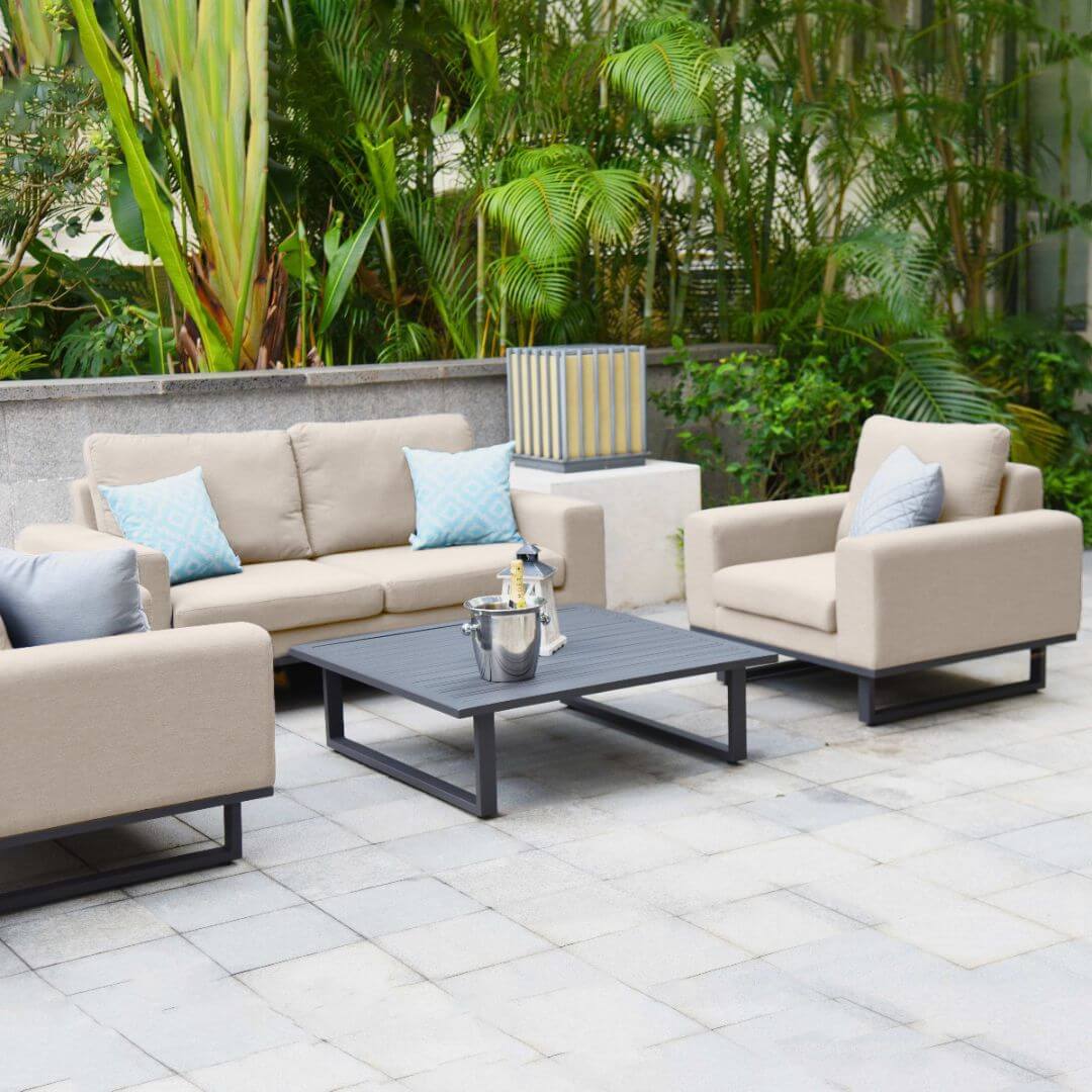 Beige Oatmeal Outdoor Fabric 2 Seat Sofa Set with Slatted Aluminium Coffee Table #colour_oatmeal
