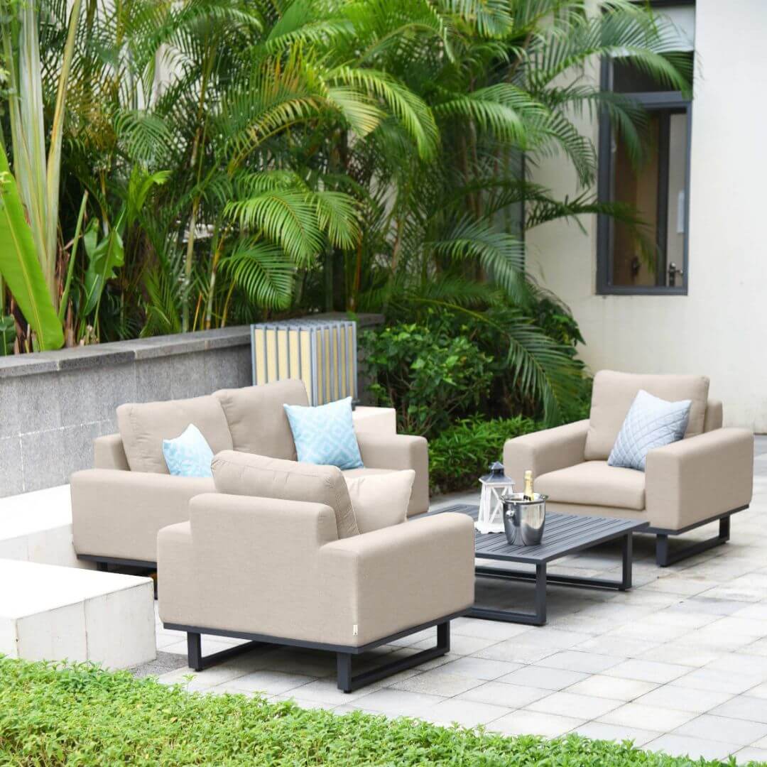 Beige Oatmeal Outdoor Fabric 2 Seat Sofa Set with Slatted Aluminium Coffee Table #colour_oatmeal