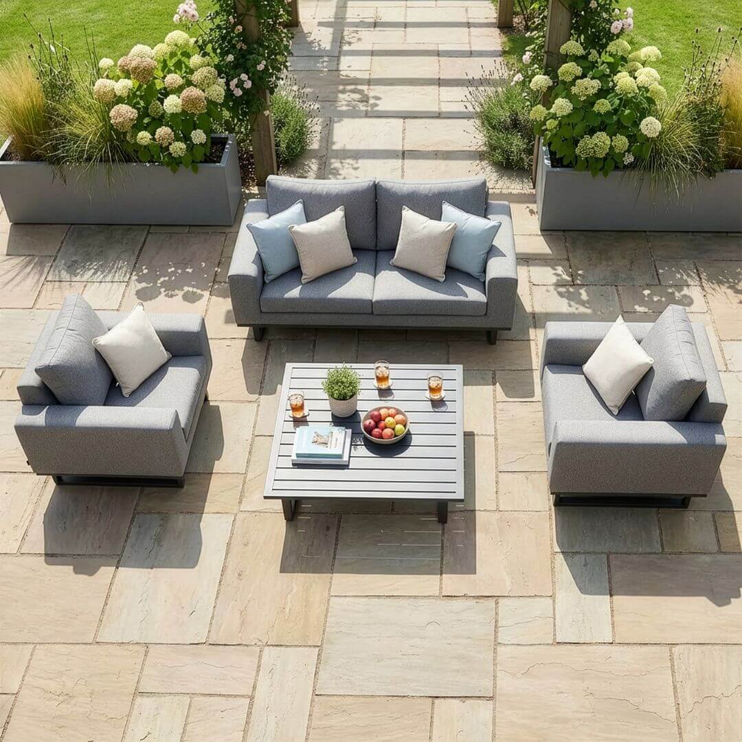Zinc Grey Outdoor Fabric 2 Seat Sofa Set with Slatted Aluminium Coffee Table #colour_zinc grey