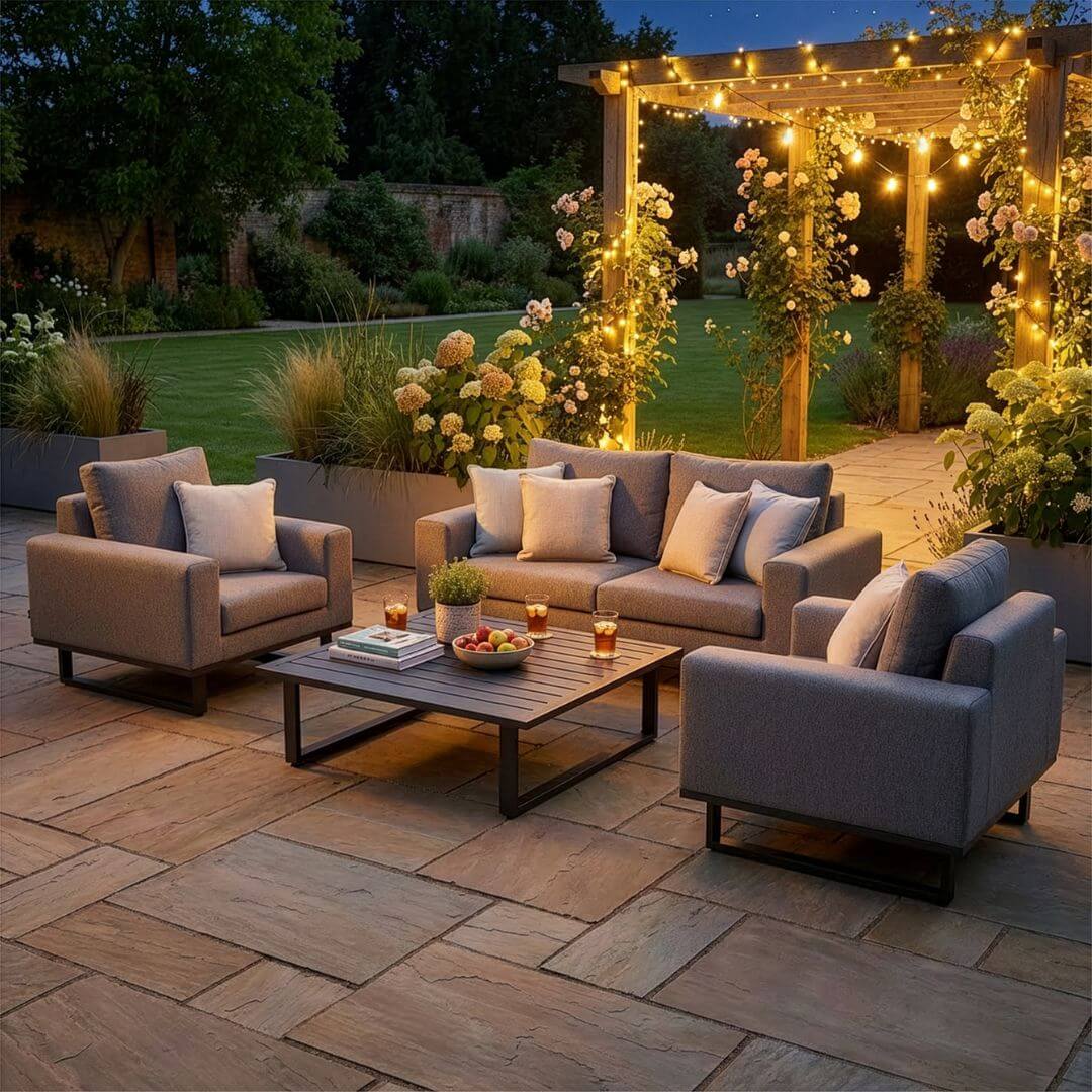 Zinc Grey Outdoor Fabric 2 Seat Sofa Set with Slatted Aluminium Coffee Table #colour_zinc grey