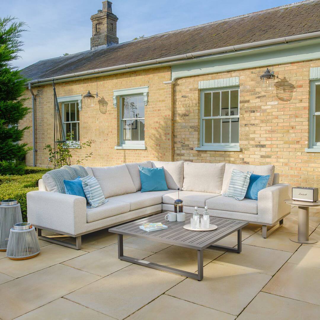 Latte Outdoor Fabric and Grey Aluminium Corner Sofa with a Slatted Coffee Table #colour_latte
