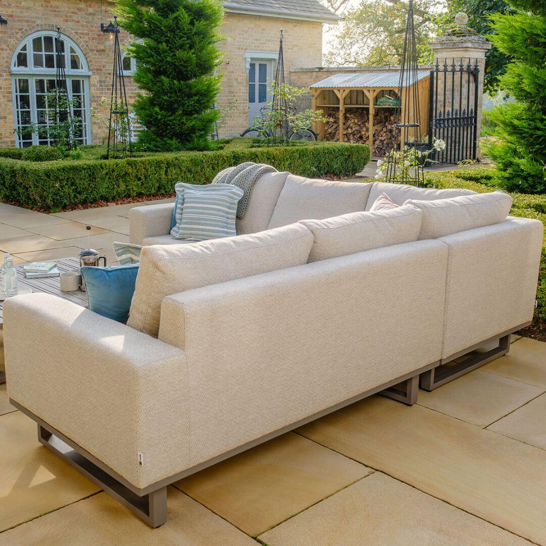 Latte Outdoor Fabric and Grey Aluminium Corner Sofa with a Slatted Coffee Table #colour_latte
