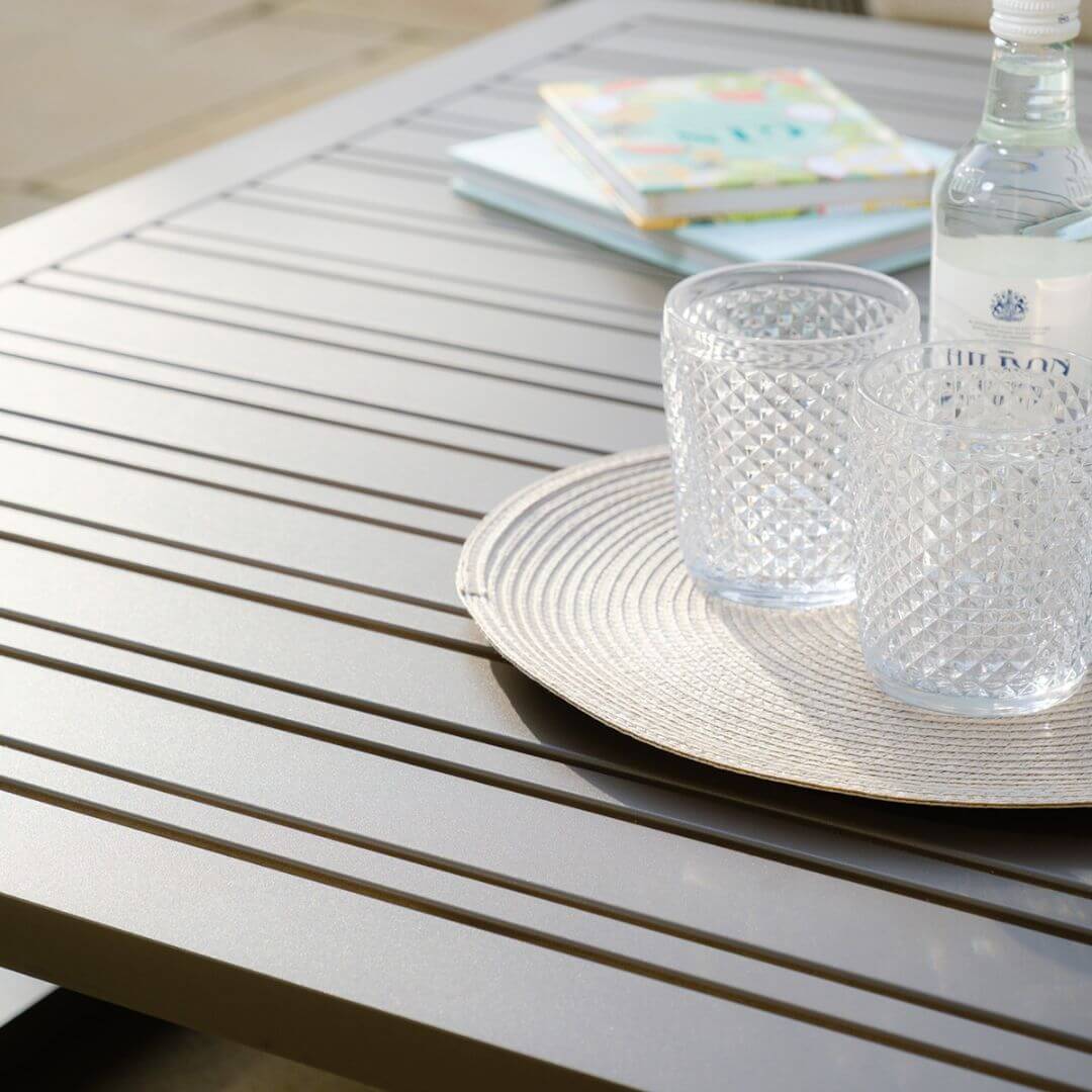 Latte Outdoor Fabric and Grey Aluminium Corner Sofa with a Slatted Coffee Table #colour_latte