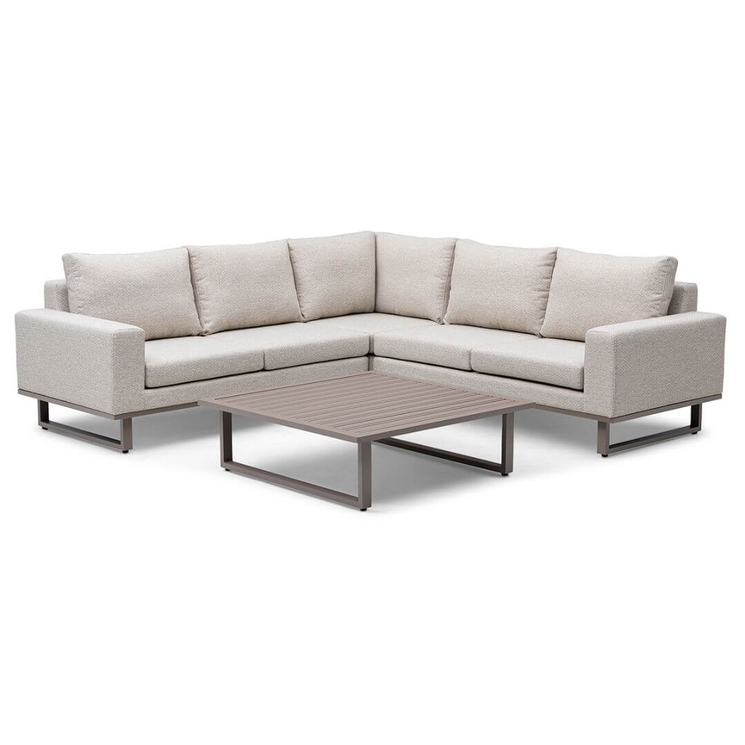 Latte Outdoor Fabric and Grey Aluminium Corner Sofa with a Slatted Coffee Table #colour_latte