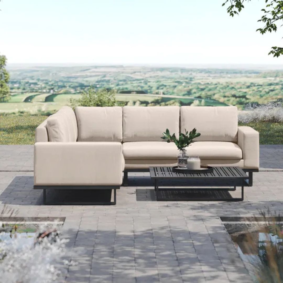 Beige Oatmeal Outdoor Fabric and Grey Aluminium Corner Sofa with a Slatted Coffee Table #colour_oatmeal
