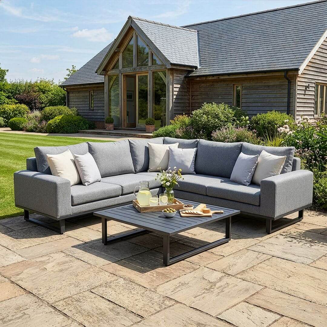 Zinc Grey Outdoor Fabric and Grey Aluminium Corner Sofa with a Slatted Coffee Table #colour_zinc grey