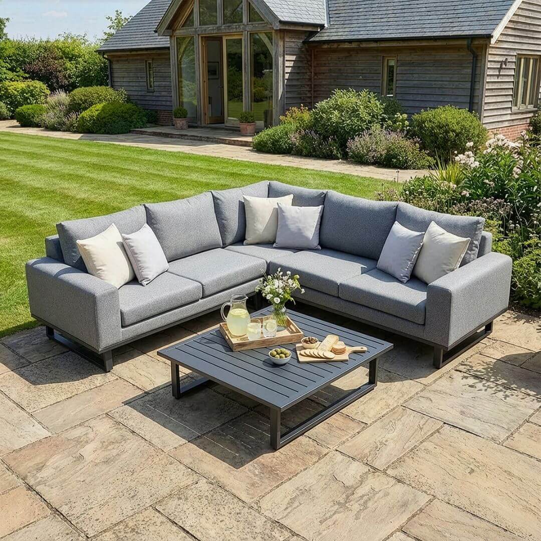 Zinc Grey Outdoor Fabric and Grey Aluminium Corner Sofa with a Slatted Coffee Table #colour_zinc grey