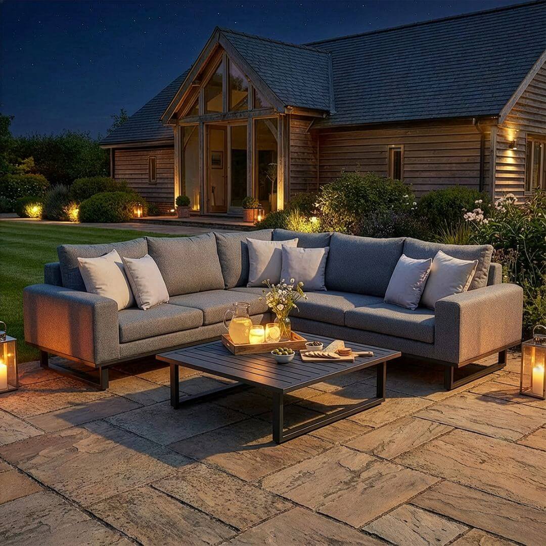 Zinc Grey Outdoor Fabric and Grey Aluminium Corner Sofa with a Slatted Coffee Table #colour_zinc grey