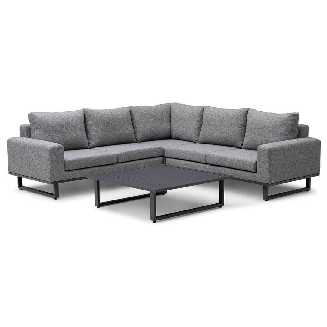 Zinc Grey Outdoor Fabric and Grey Aluminium Corner Sofa with a Slatted Coffee Table #colour_zinc grey