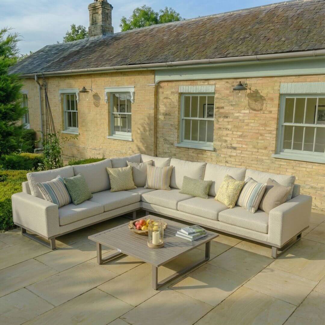 Latte Outdoor Fabric and Grey Aluminium Large Corner Sofa with a Slatted Coffee Table #colour_latte