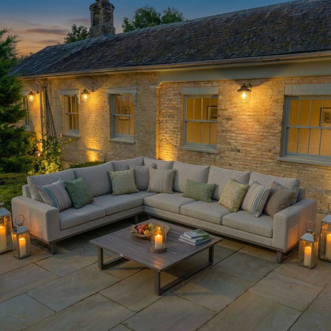 Latte Outdoor Fabric and Grey Aluminium Large Corner Sofa with a Slatted Coffee Table #colour_latte
