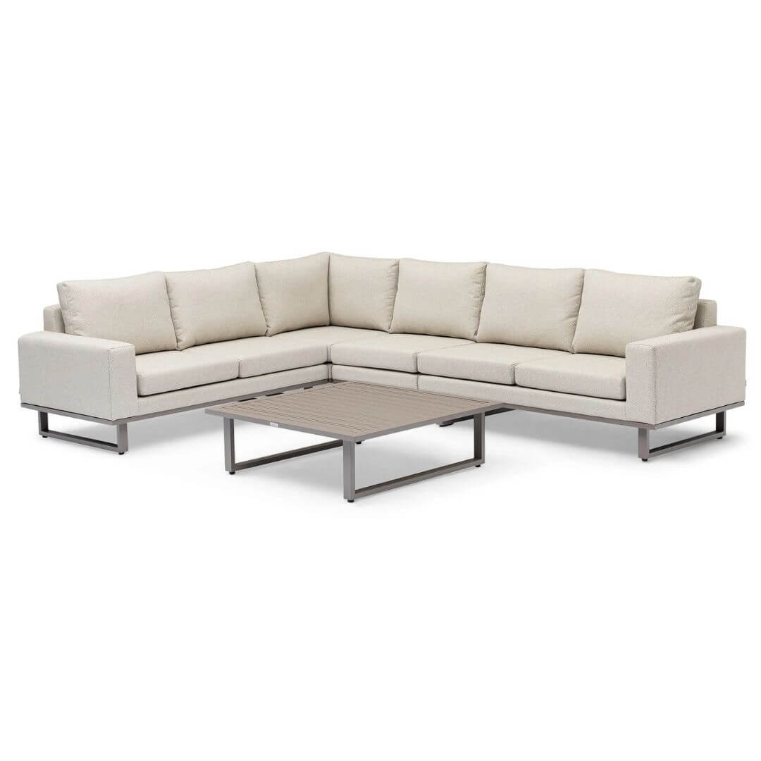 Latte Outdoor Fabric and Grey Aluminium Large Corner Sofa with a Slatted Coffee Table #colour_latte