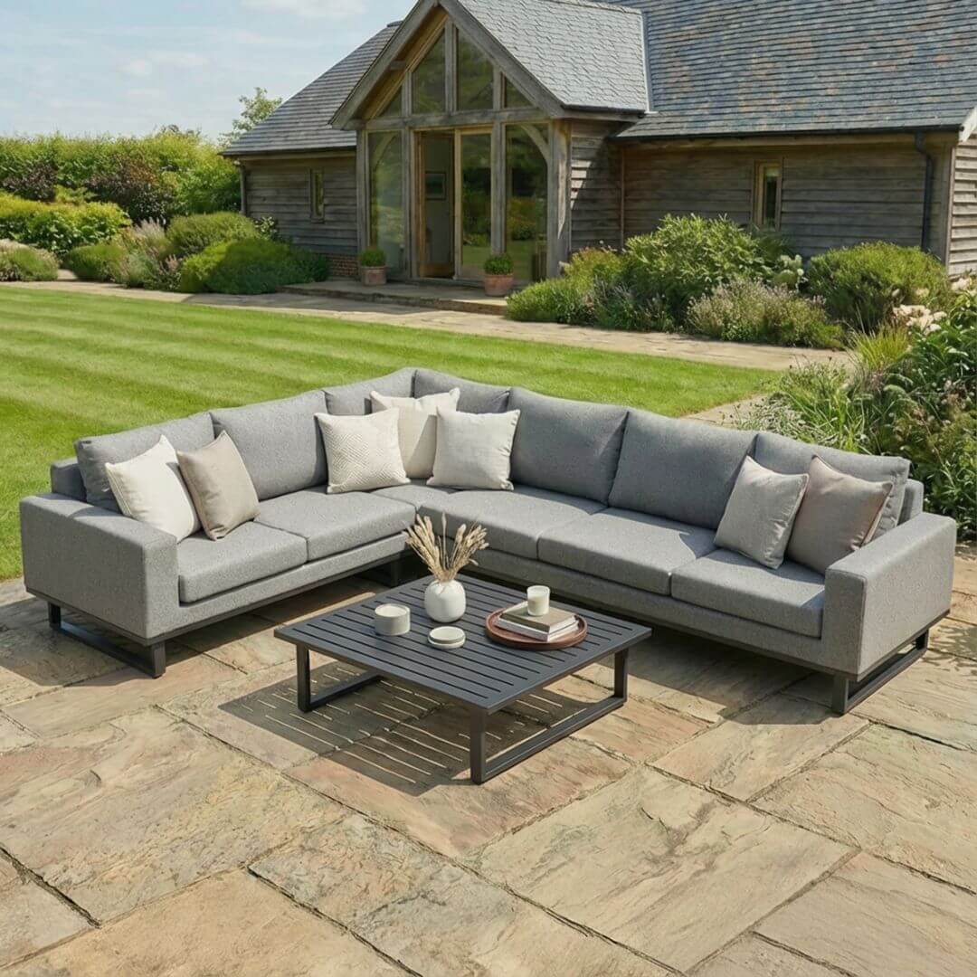 Zinc Grey Outdoor Fabric and Grey Aluminium Large Corner Sofa with a Slatted Coffee Table #colour_zinc grey