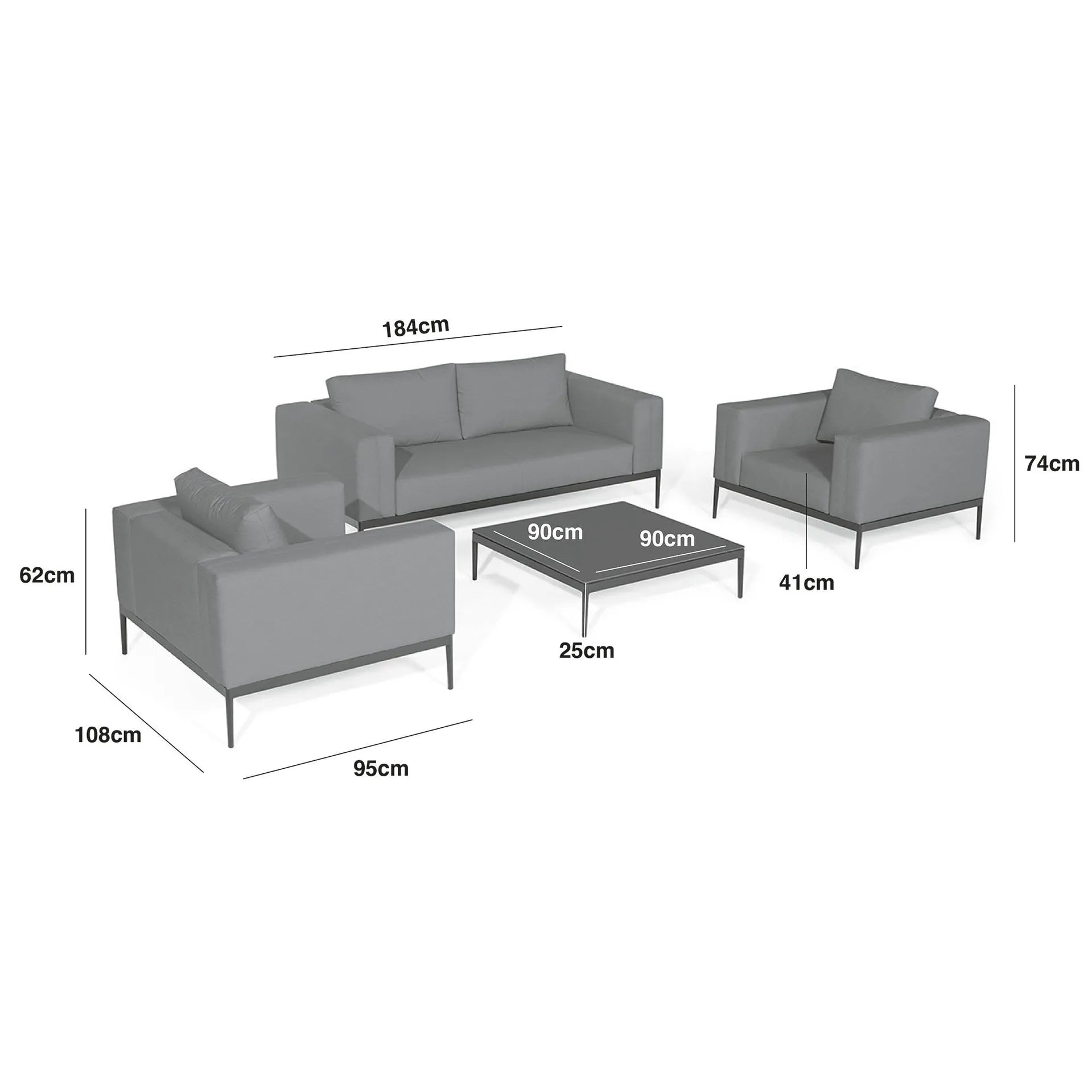 Outdoor Fabric and Aluminium 2 Seat Sofa Set with 2 Armchairs and a Slatted Coffee Table Measurements/Footprint