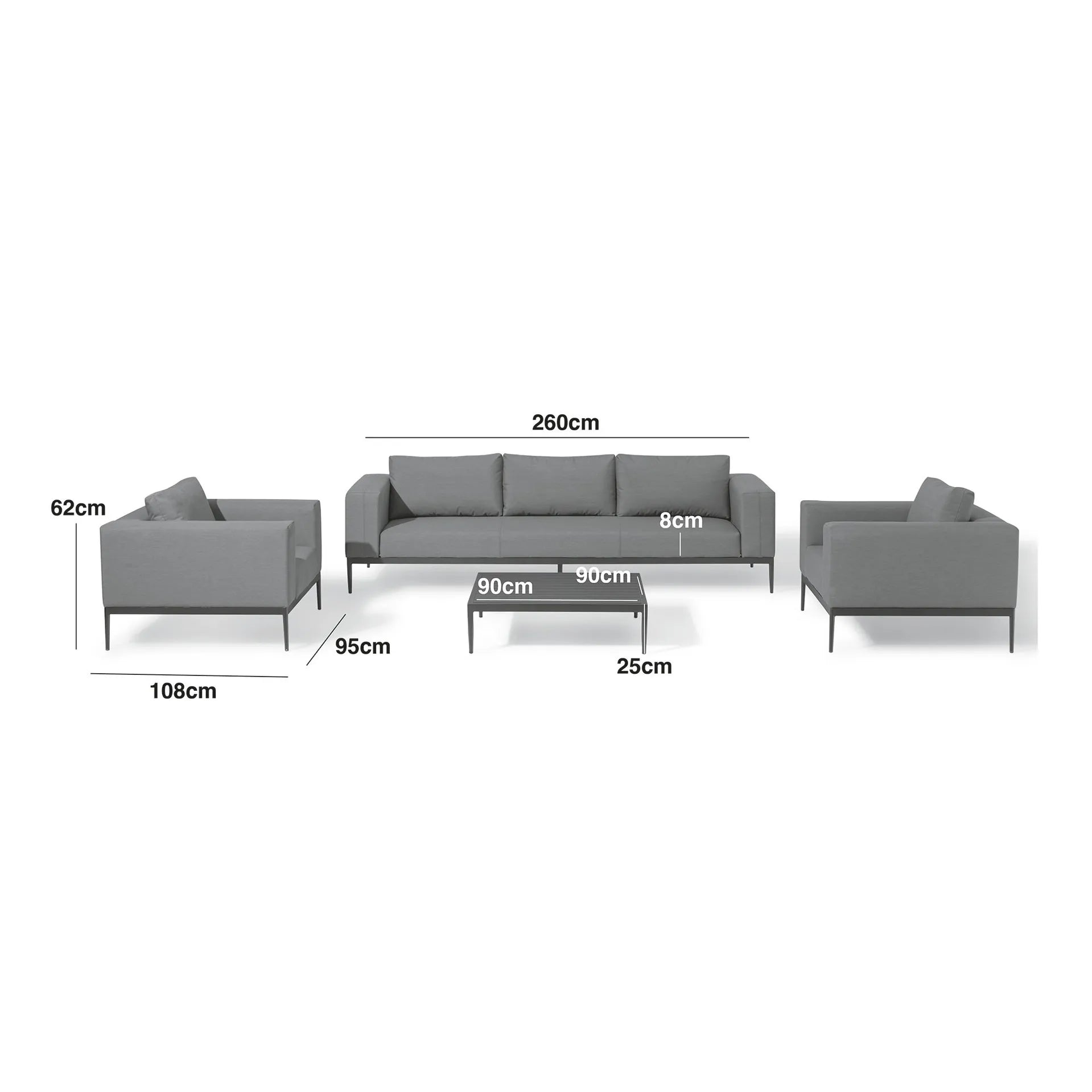 Outdoor Fabric and Aluminium 3 Seat Sofa Set with 2 Armchairs and Coffee Table Measurements/Footprint