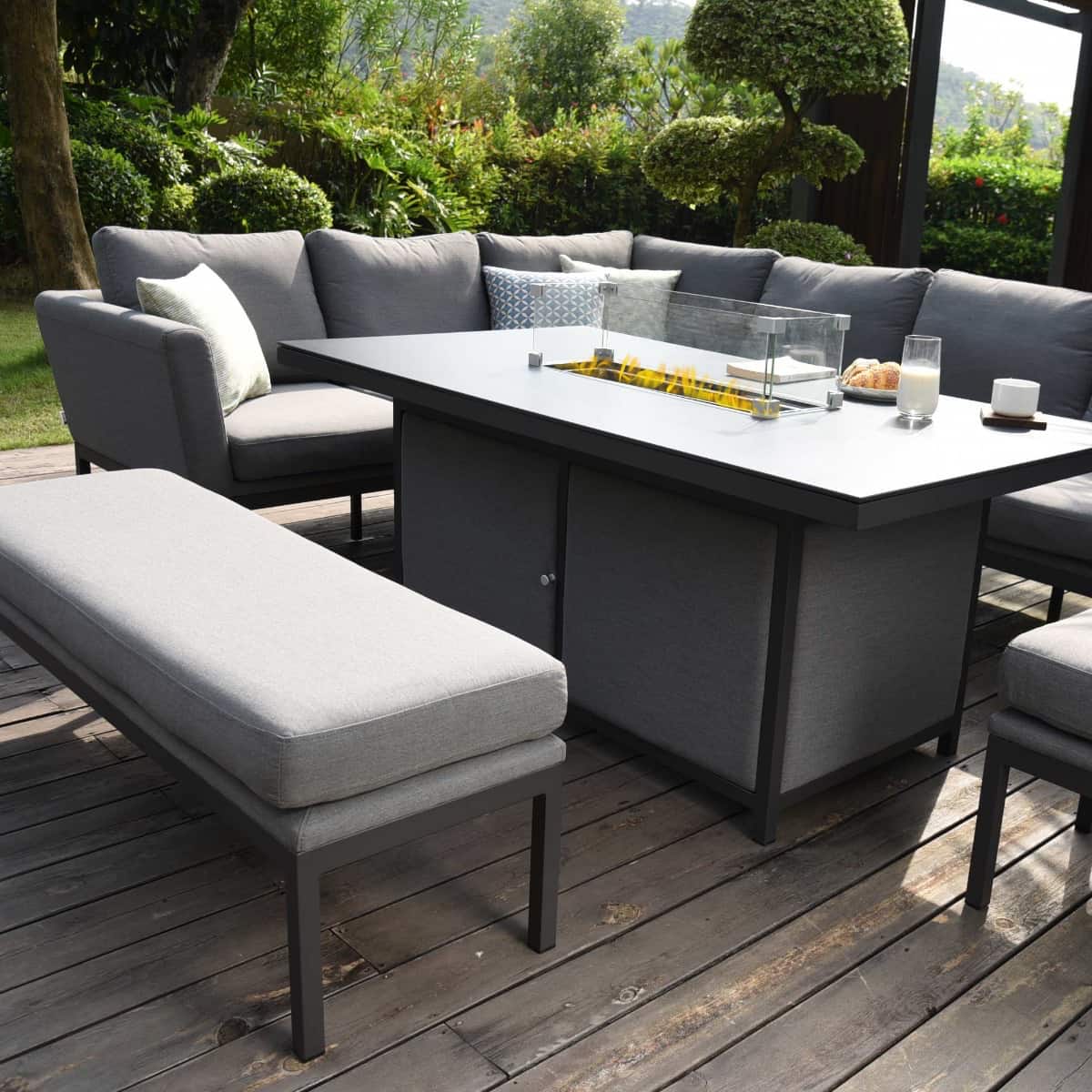 Fabric corner sofa dining set with rectangular fire pit table, bench and one stool #colour_flanelle