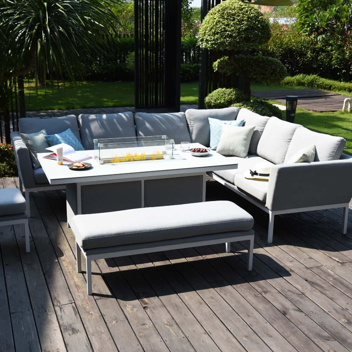 Fabric corner sofa dining set with rectangular fire pit table, bench and one stool #colour_lead chine