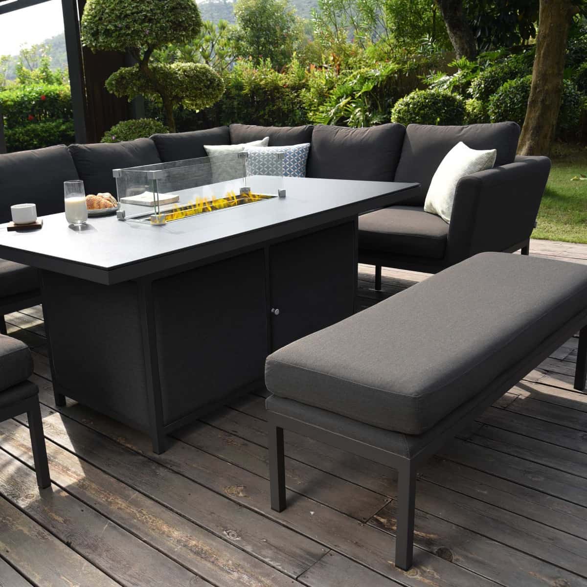 Fabric corner sofa dining set with rectangular fire pit table, bench and one stool #colour_charcoal