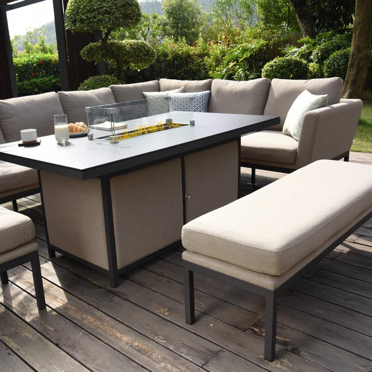 Fabric corner sofa dining set with rectangular fire pit table, bench and one stool #colour_taupe
