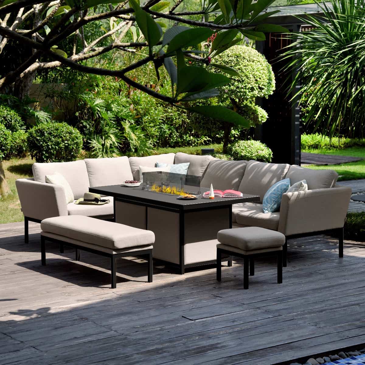 Fabric corner sofa dining set with rectangular fire pit table, bench and one stool #colour_taupe