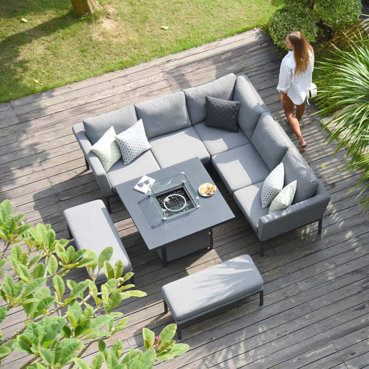 Fabric corner sofa dining set with square fire pit table #colour_flanelle