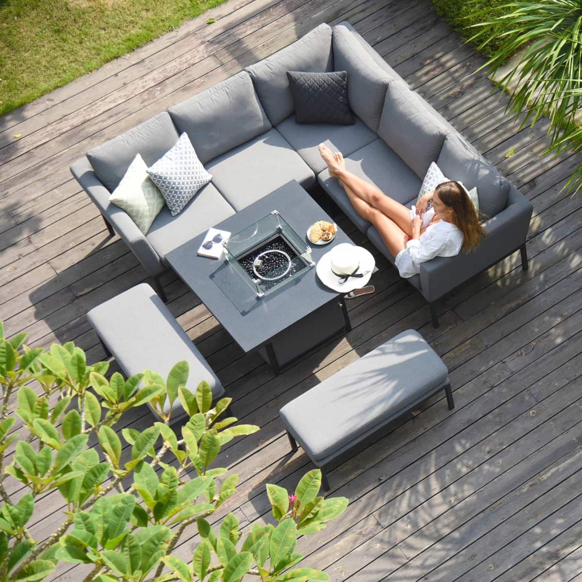 Fabric corner sofa dining set with square fire pit table #colour_flanelle