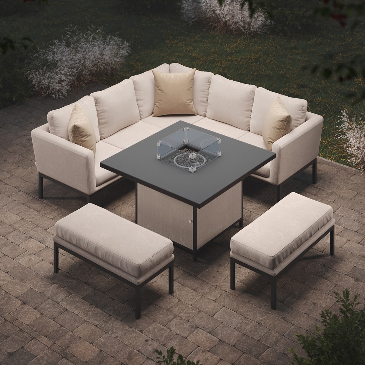 Fabric corner sofa dining set with square fire pit table #colour_oatmeal