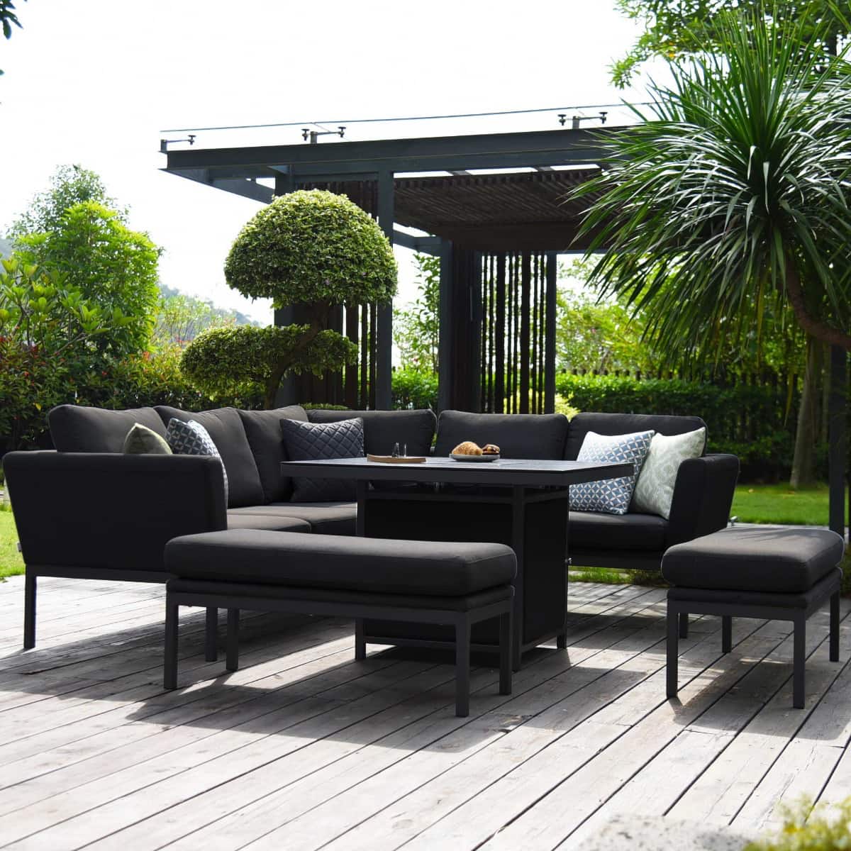 Fabric corner sofa dining set with square fire pit table #colour_charcoal